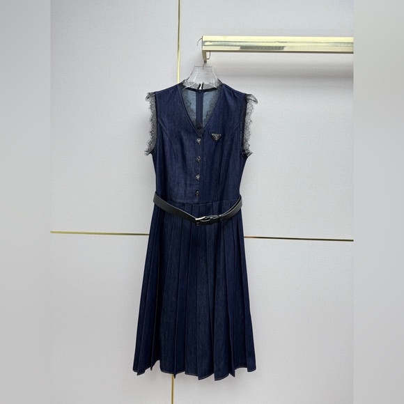 Meet the Posher Dresses & Skirts - Prada lace-neck denim dress paired with a belt